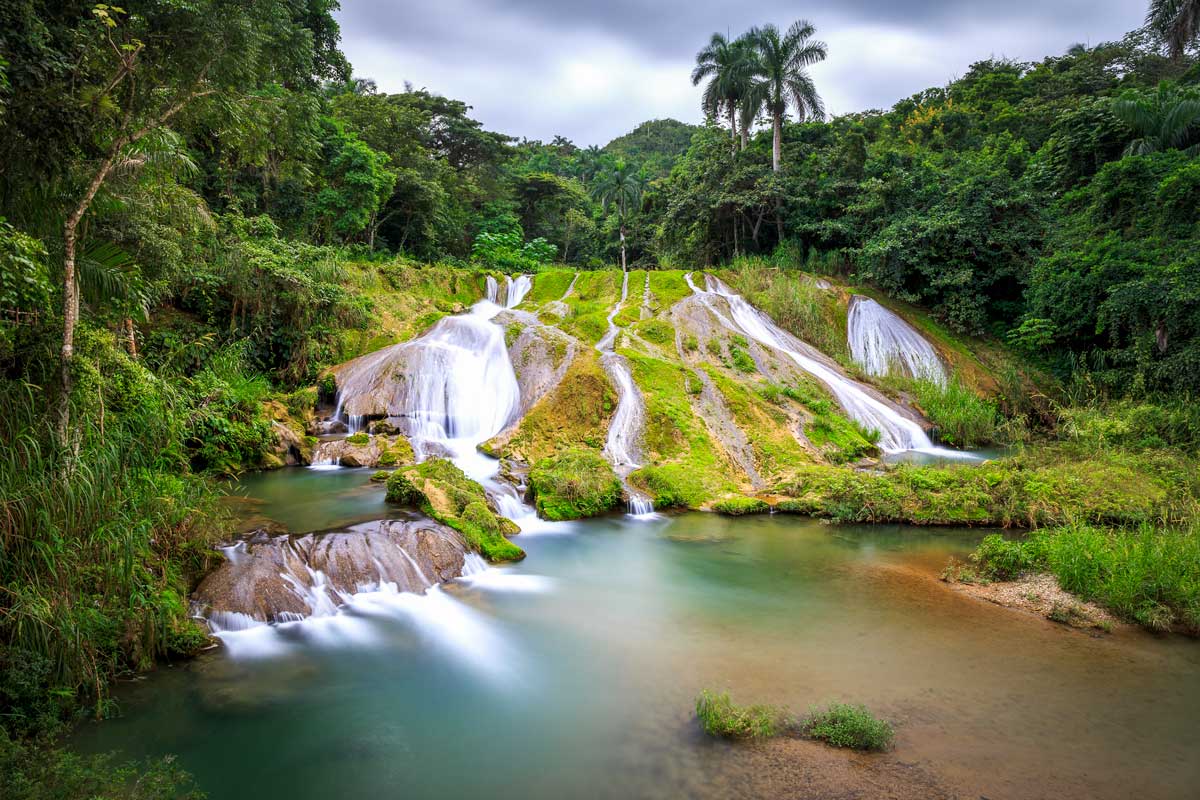 waterfall in tropical jungle with palm trees